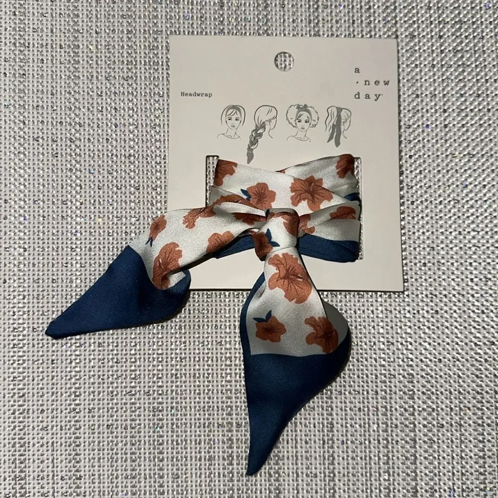 a new day White Blue Coral Hibiscus Floral Skinny Head Neck Purse Scarf
